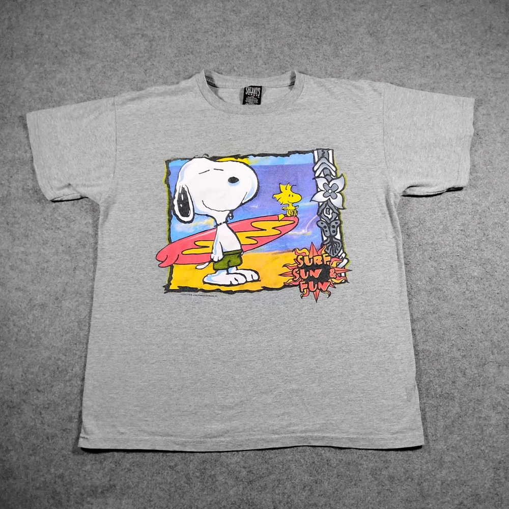 Vintage Sherry's Best Snoopy Peanuts Graphic T Shirt Men Large Gray Surf Sun Fun